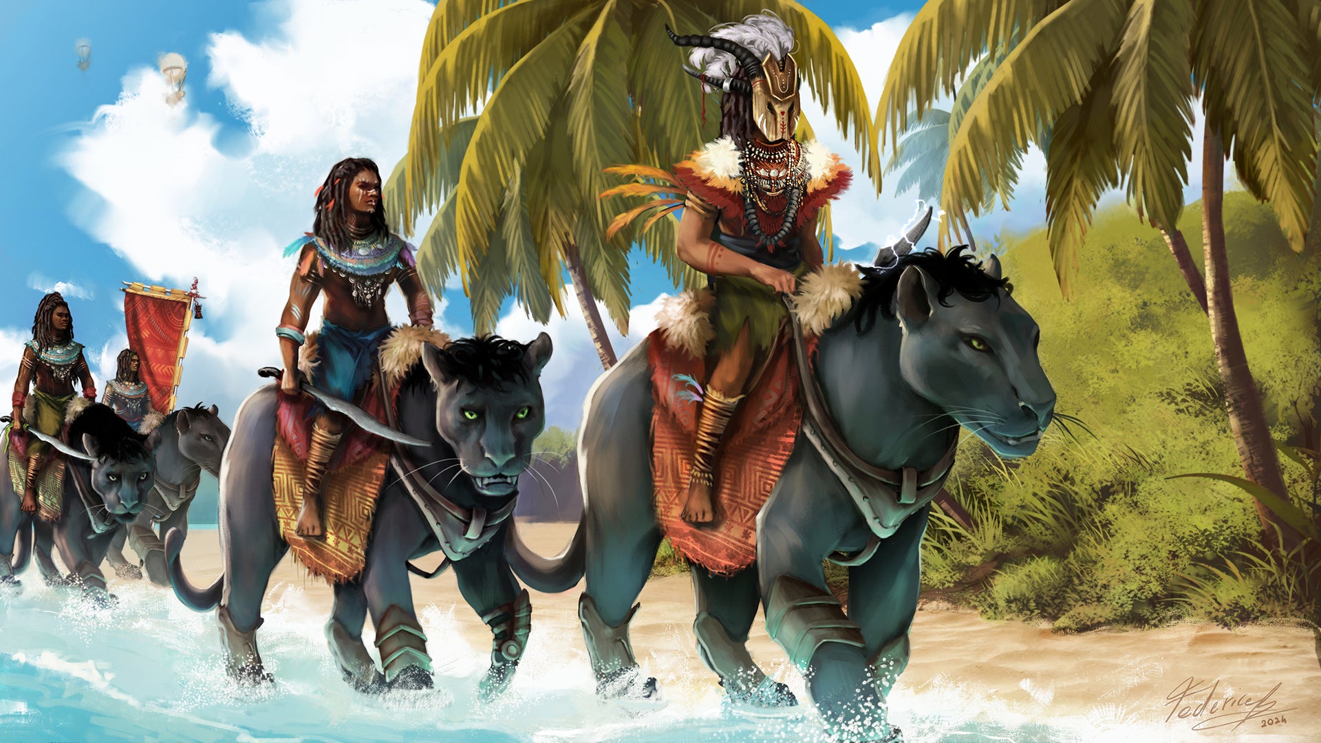 Chasseurs Alkeb, elfes de lune, chevauchant des panthères noires géantes Mingwas sur une plage d’Alkebulan