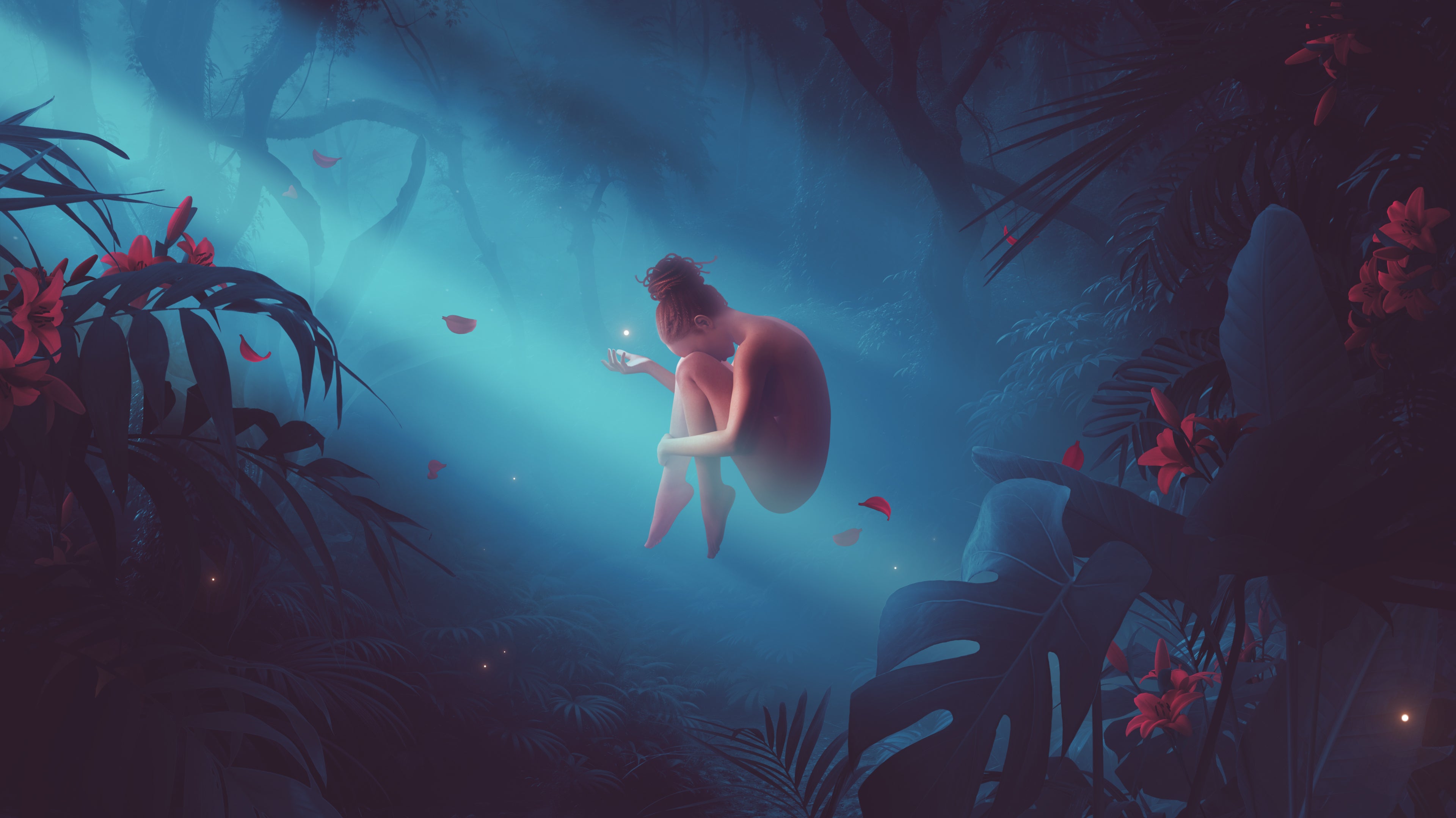 Couverture du roman 'L'Esprit Nu' d'AlkebWorld, représentant une femme en lévitation dans une jungle bleutée, en position fœtale, tenant une sphère de lumière dans la main