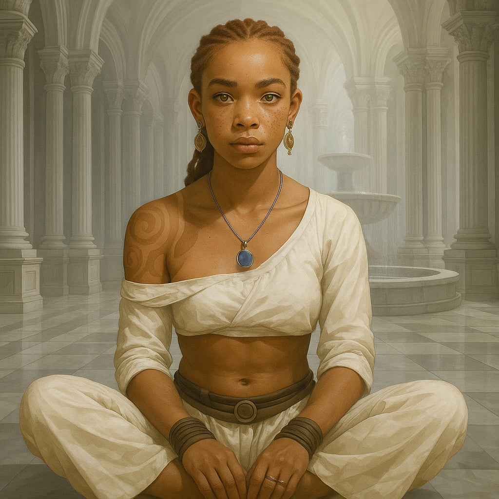 Portrait d'Olivia Dubois, héroïne du livre Alkebworld. Elle est vue de face, portant une tenue alkeb, avec des yeux verts et des tresses rouge-orange. Dans un temple à alkebula