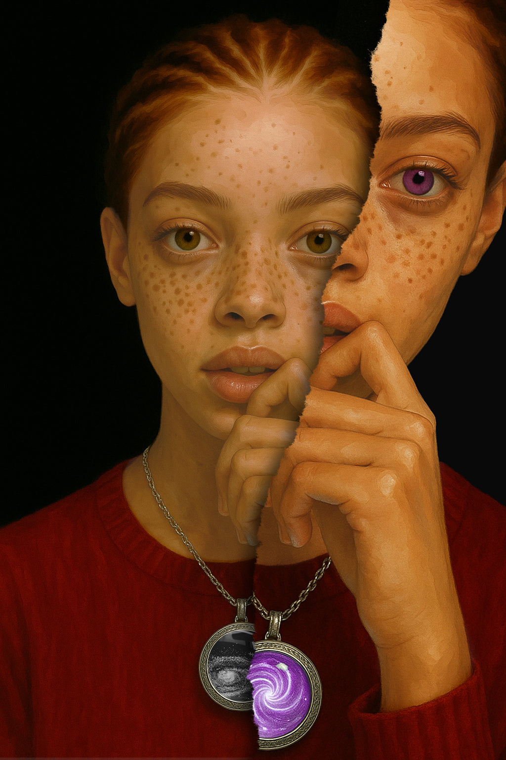 Portrait d'Olivia Dubois, héroïne du livre Alkebworld. Elle est vue de face, portant une tenue rouge et son étoile sœur, avec des yeux mauve et des tresses rouge-orange. 