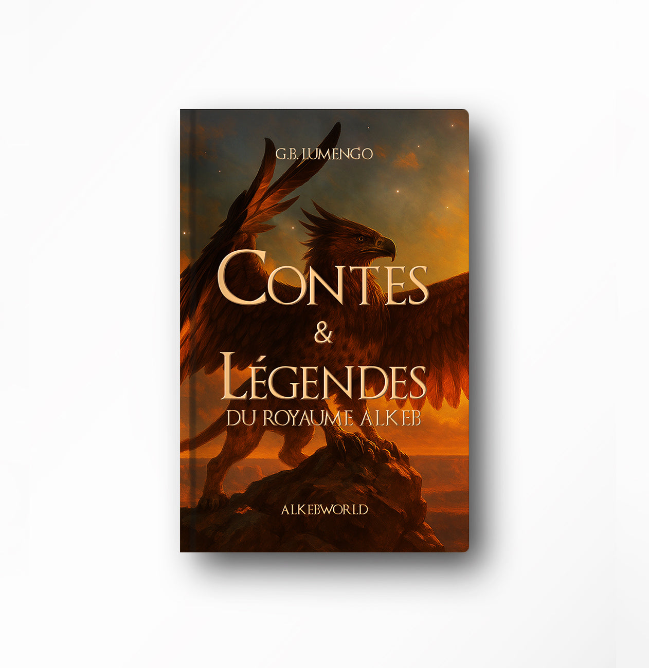 Couverture de contes et légende avec un Griffon majestueux sur le sommet d’une montagne, ailes déployées sous un soleil éclatant dans une ambiance lumineuse et divine